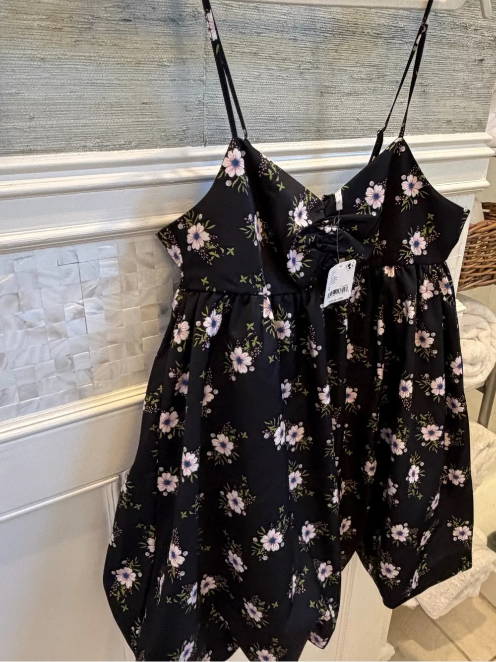 NWT new small free people a bubble mini dress black floral spaghetti straps